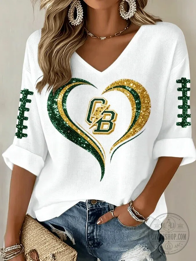 Green Bay Packers Women's Glitter Heart V-Neck Long Sleeve Shirt 11 Green Bay Packers Women