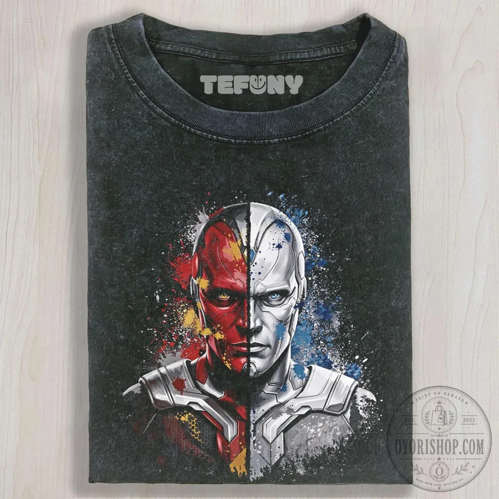 Marvel Comics Vision Superhero Split Face Watercolor Art T-Shirt Marvel Comics Vision Superhero Split Face Watercolor Art T-Shirt