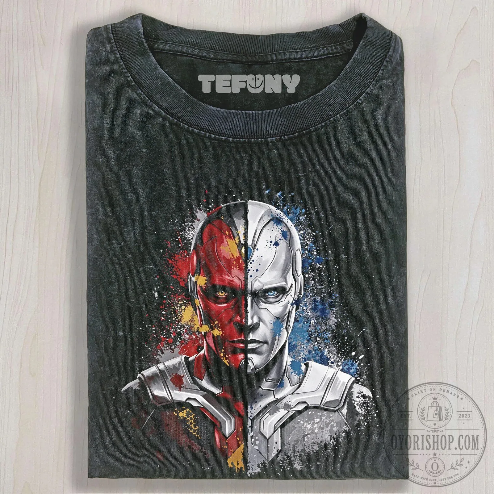 Marvel Comics Vision Superhero Split Face Watercolor Art T-Shirt