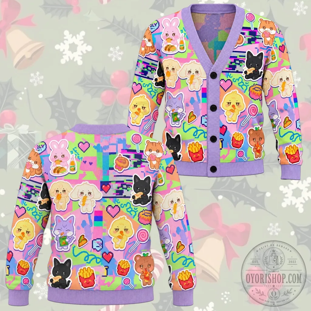 Cute Kawaii Animals and Pixel Art Vibrant Cardigan Sweater Cute Kawaii Animals and Pixel Art Vibrant Cardigan Sweater