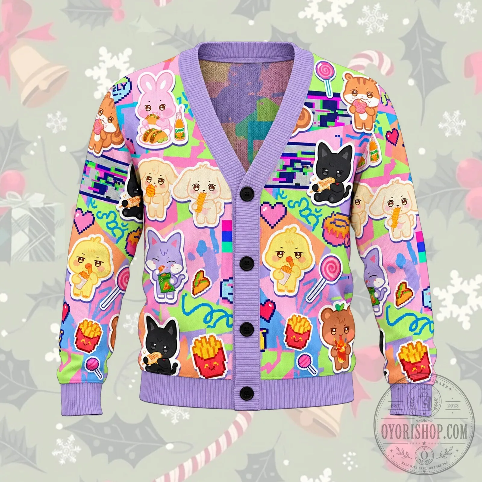 Cute Kawaii Animals and Pixel Art Vibrant Cardigan Sweater 9 Cute Kawaii Animals and Pixel Art Vibrant Cardigan Sweater