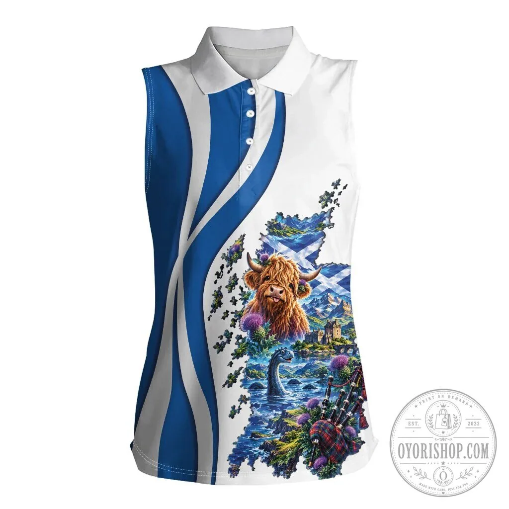 Scotland National Flag Map Highland Cow Nessie Women's Sleeveless Polo Shirt