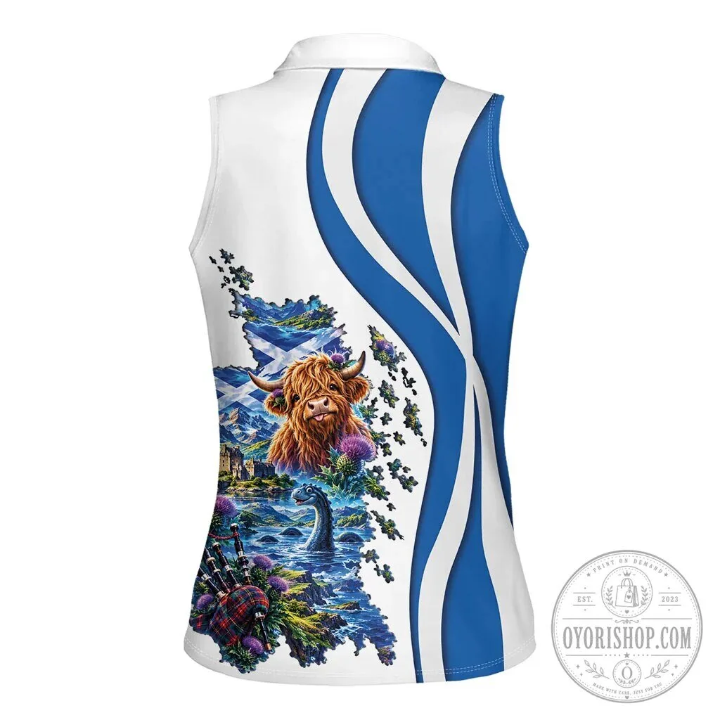 Scotland National Flag Map Highland Cow Nessie Women's Sleeveless Polo Shirt 10 Scotland National Flag Map Highland Cow Nessie Women