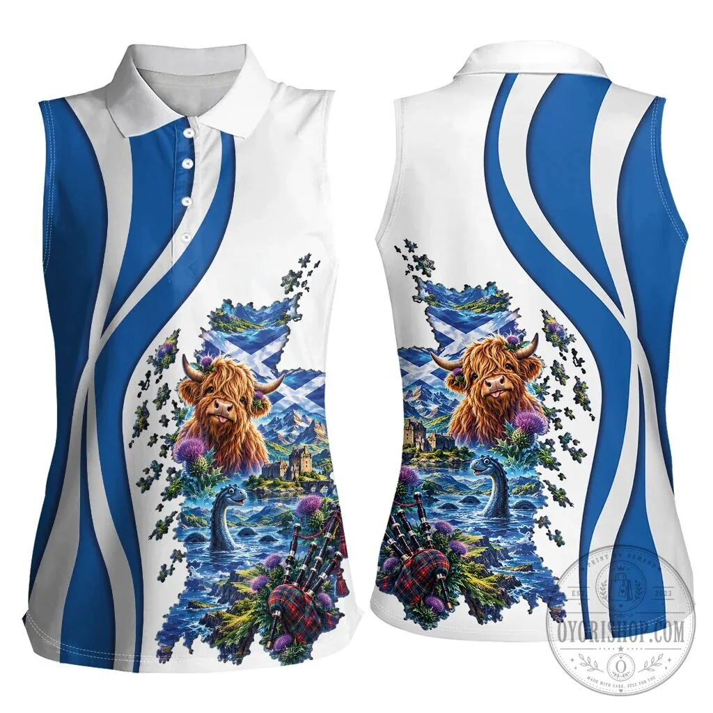 Scotland National Flag Map Highland Cow Nessie Women's Sleeveless Polo Shirt 11 Scotland National Flag Map Highland Cow Nessie Women