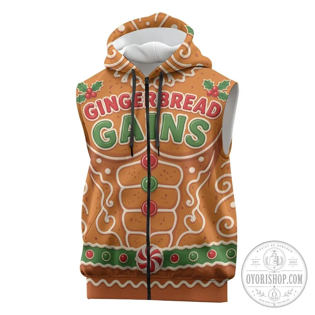 Gingerbread Gains Funny Christmas Bodybuilder Sleeveless Zip Hoodie