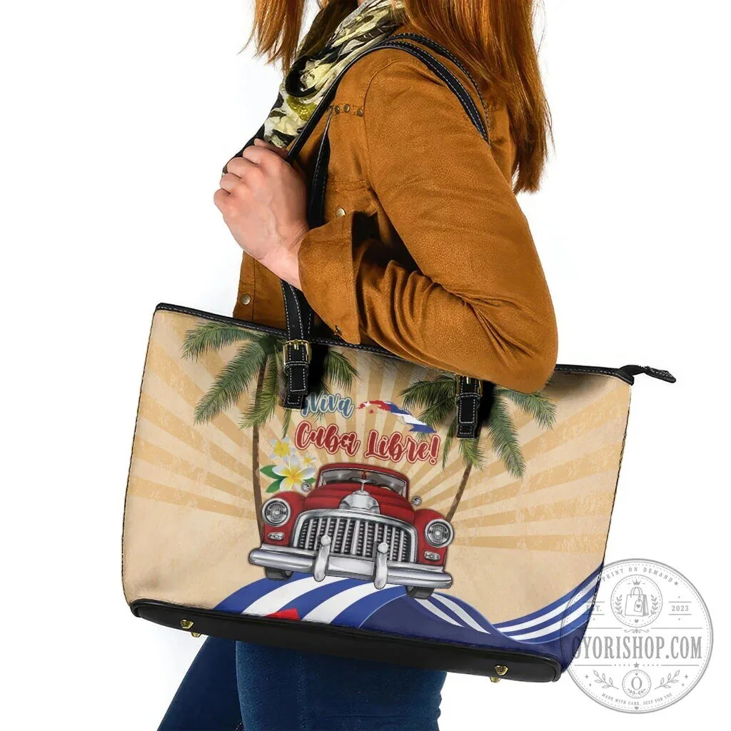 Viva Cuba Libre Cuban Flag Classic Car Tropical Palm Trees Leather Tote Bag 8 Viva Cuba Libre Cuban Flag Classic Car Tropical Palm Trees Leather Tote Bag