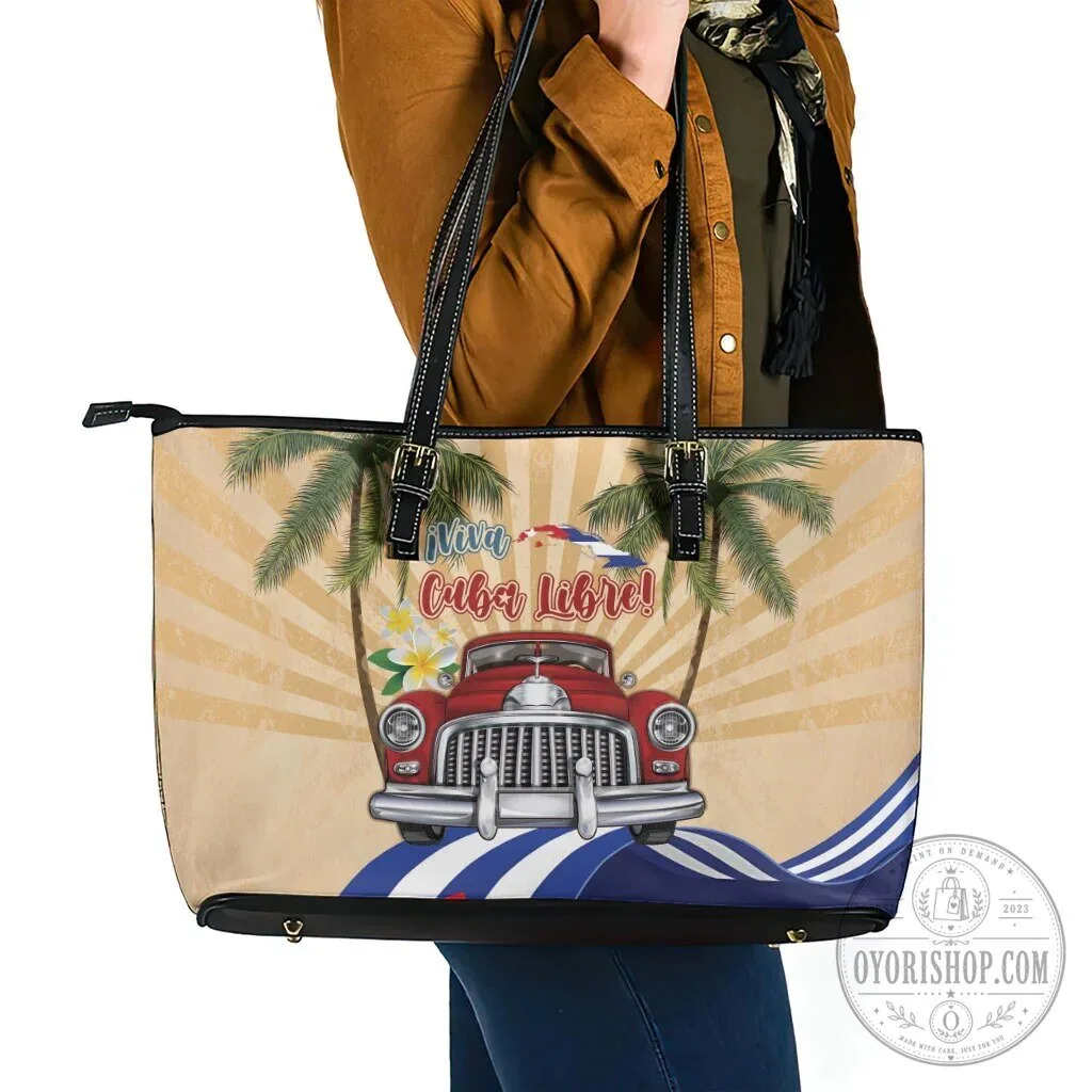 Viva Cuba Libre Cuban Flag Classic Car Tropical Palm Trees Leather Tote Bag 9 Viva Cuba Libre Cuban Flag Classic Car Tropical Palm Trees Leather Tote Bag