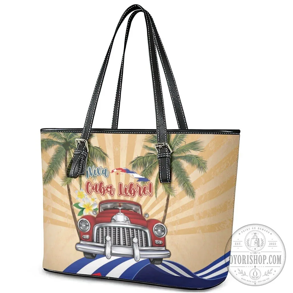 Viva Cuba Libre Cuban Flag Classic Car Tropical Palm Trees Leather Tote Bag 11 Viva Cuba Libre Cuban Flag Classic Car Tropical Palm Trees Leather Tote Bag