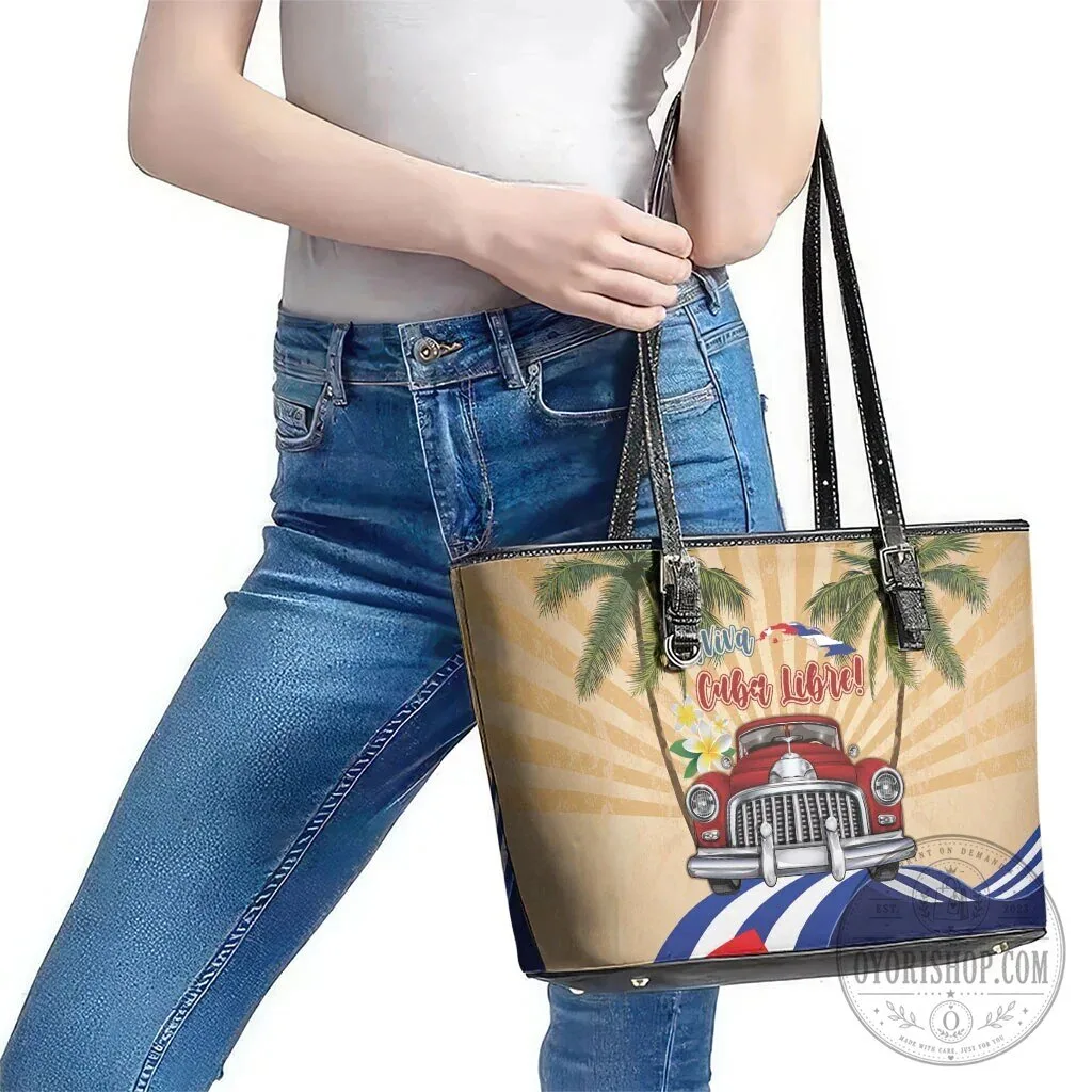 Viva Cuba Libre Cuban Flag Classic Car Tropical Palm Trees Leather Tote Bag 12 Viva Cuba Libre Cuban Flag Classic Car Tropical Palm Trees Leather Tote Bag