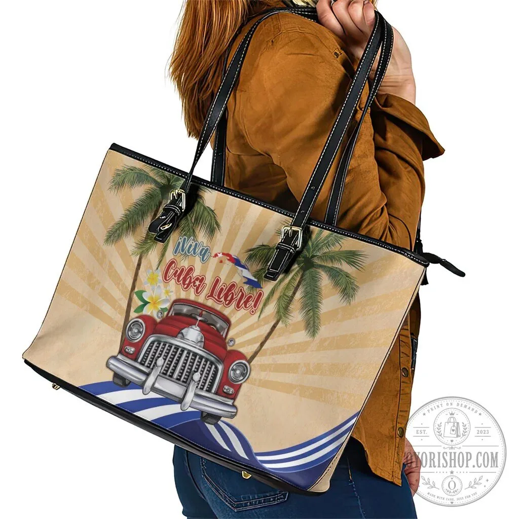 Viva Cuba Libre Cuban Flag Classic Car Tropical Palm Trees Leather Tote Bag 13 Viva Cuba Libre Cuban Flag Classic Car Tropical Palm Trees Leather Tote Bag