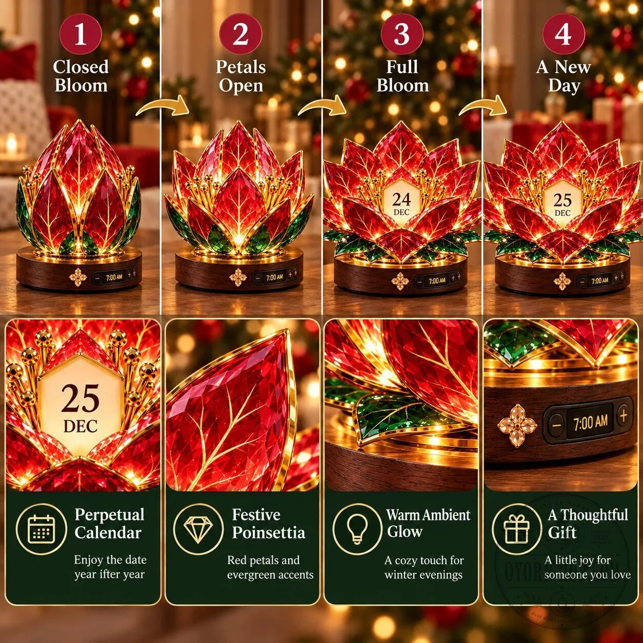 Christmas Poinsettia LED Light Perpetual Calendar Desk Decor 12 Christmas Poinsettia LED Light Perpetual Calendar Desk Decor