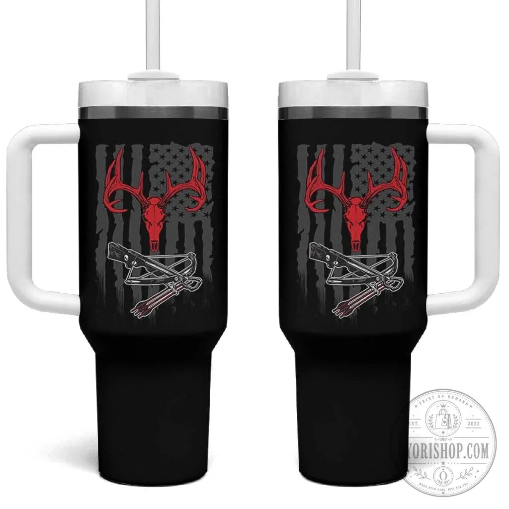 Compound Bow Deer Skull American Flag Hunting Tumbler With Handle 1 Compound Bow Deer Skull American Flag Hunting Tumbler With Handle