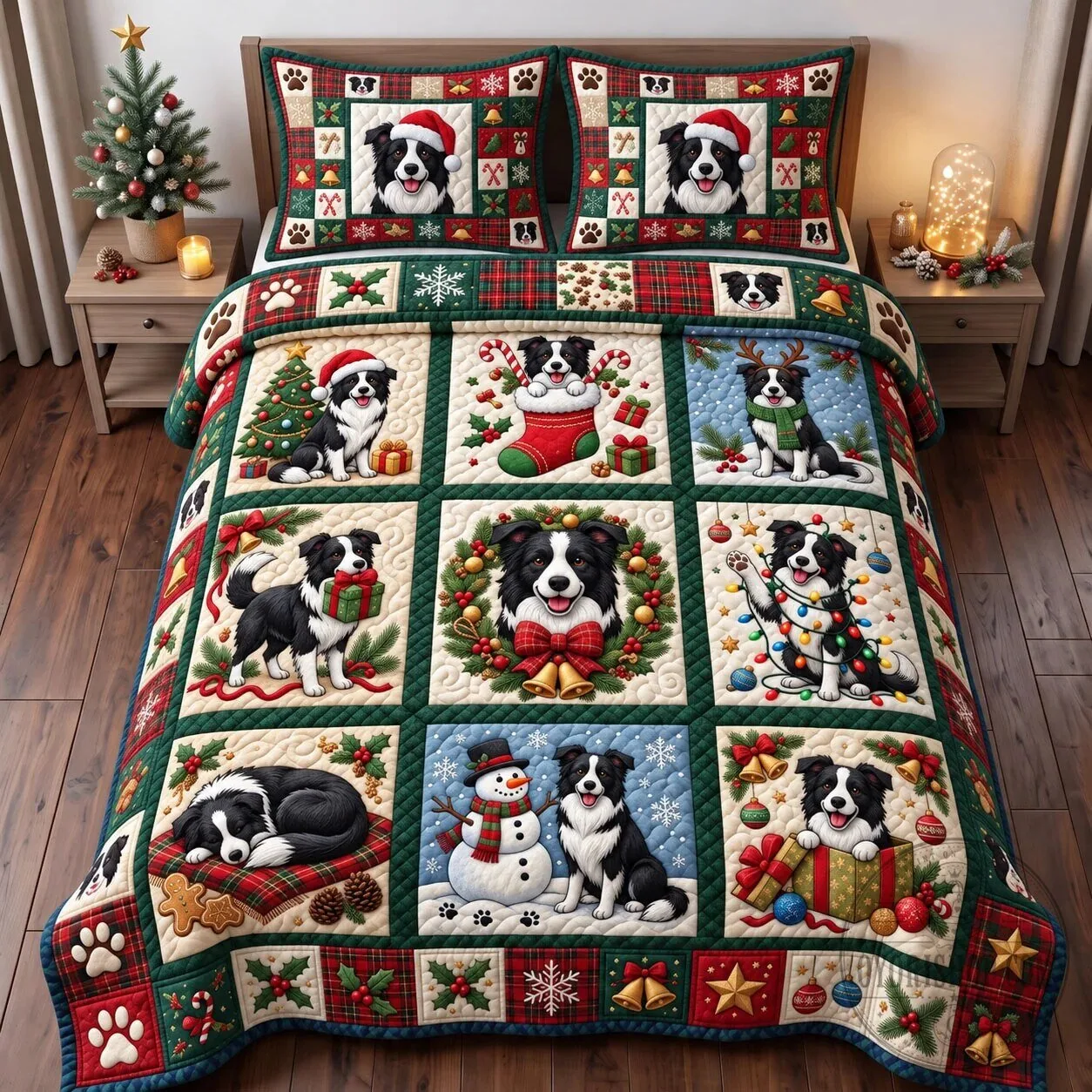 Border Collie Christmas Holiday Quilted Bedding Set with Pillow Shams 7 Border Collie Christmas Holiday Quilted Bedding Set with Pillow Shams