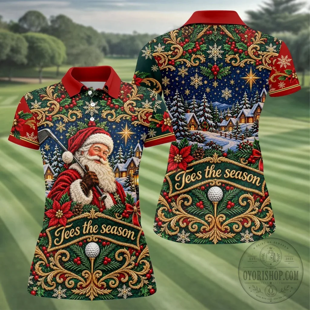 Tees The Season Santa Claus Christmas Golf Polo Shirt for Women Tees The Season Santa Claus Christmas Golf Polo Shirt for Women