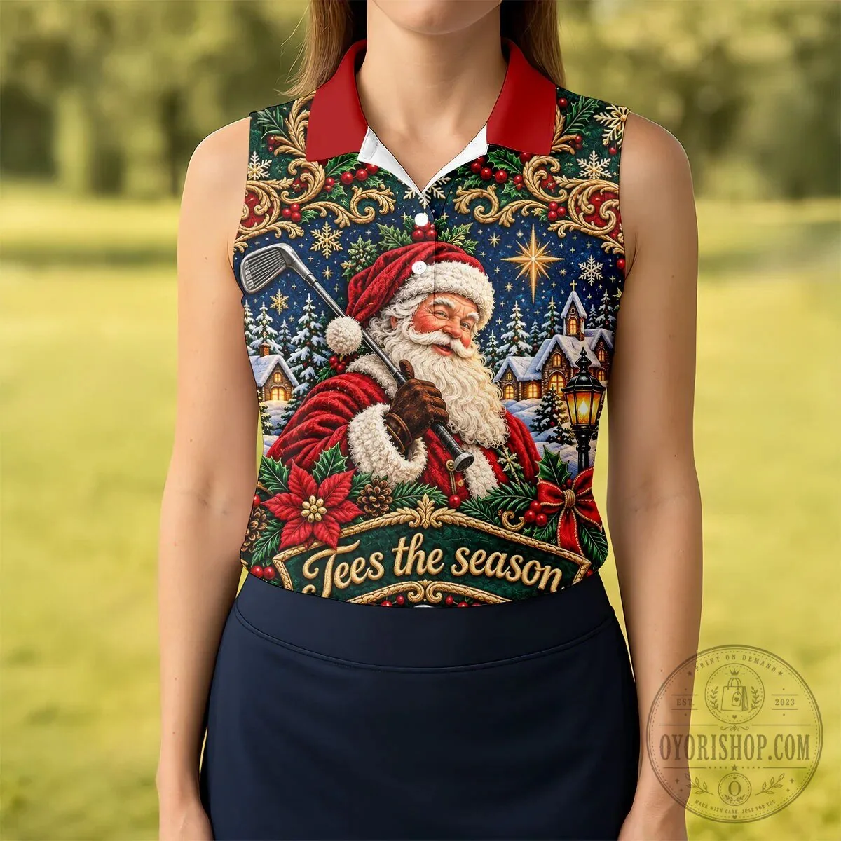 Tees The Season Santa Claus Christmas Golf Polo Shirt for Women 14 Tees The Season Santa Claus Christmas Golf Polo Shirt for Women