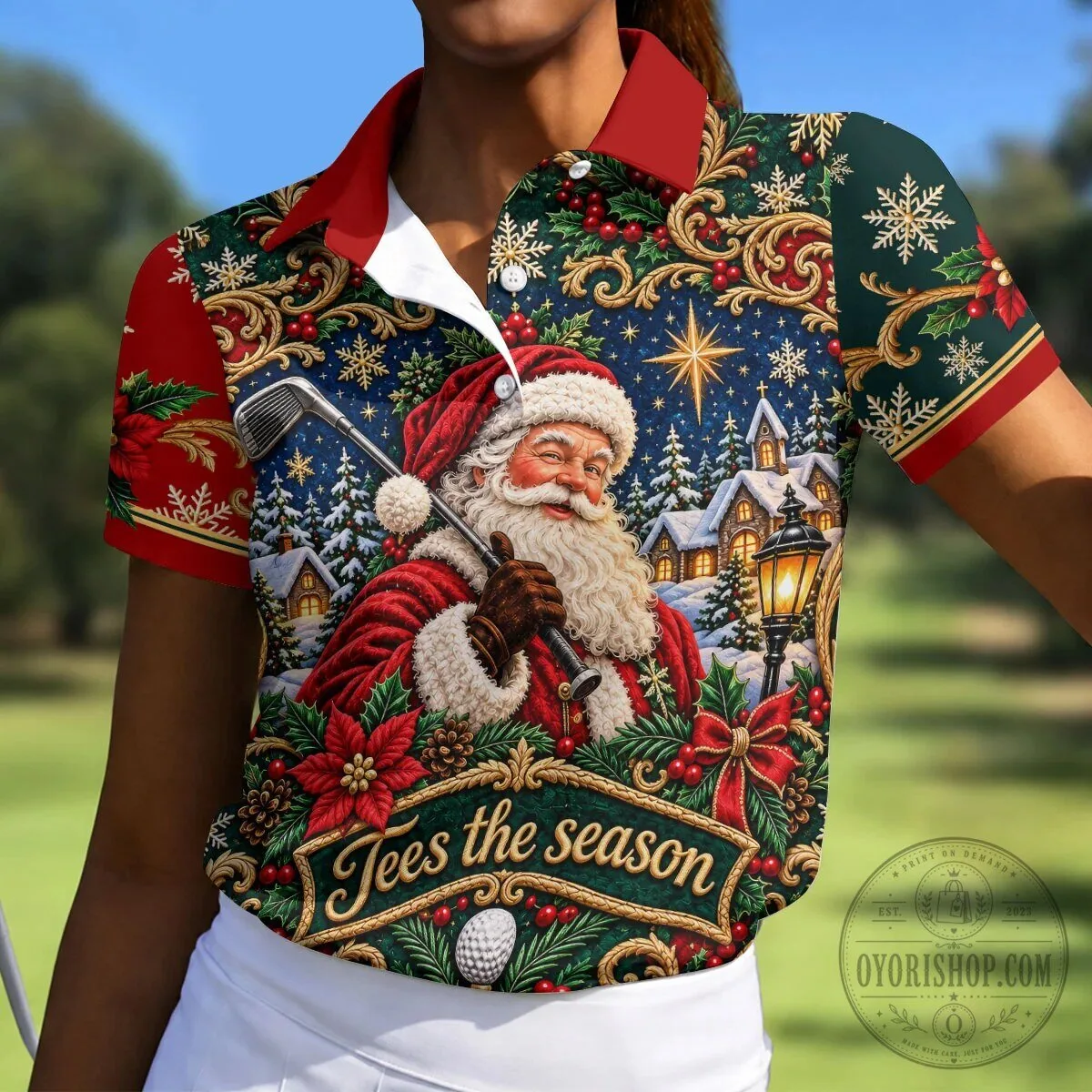 Tees The Season Santa Claus Christmas Golf Polo Shirt for Women 15 Tees The Season Santa Claus Christmas Golf Polo Shirt for Women