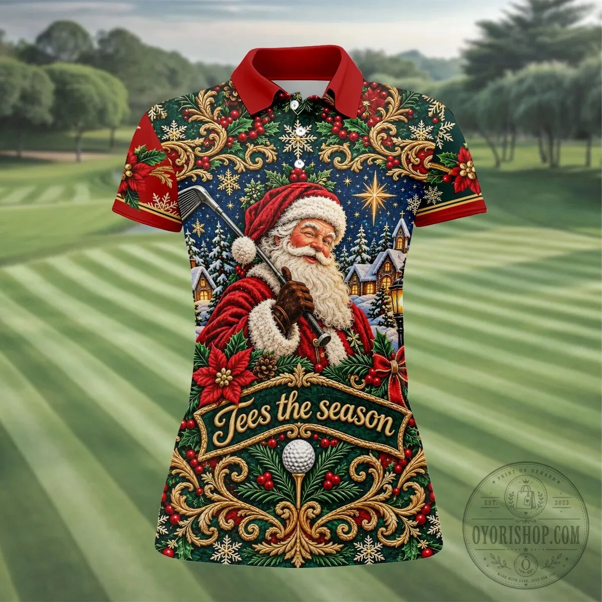 Tees The Season Santa Claus Christmas Golf Polo Shirt for Women 16 Tees The Season Santa Claus Christmas Golf Polo Shirt for Women