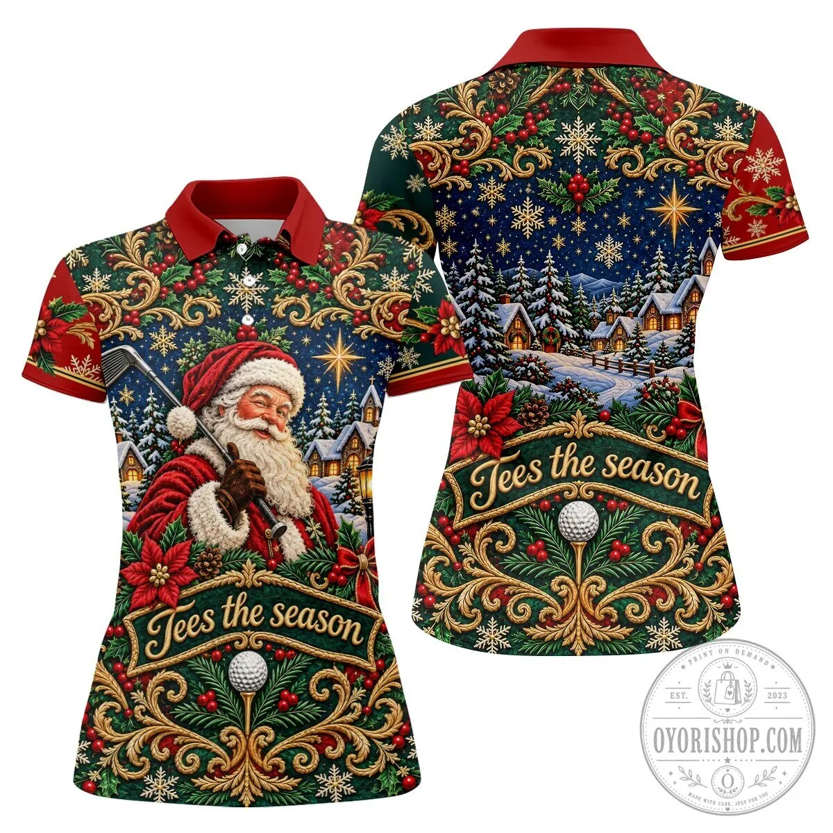 Tees The Season Santa Claus Christmas Golf Polo Shirt for Women 18 Tees The Season Santa Claus Christmas Golf Polo Shirt for Women