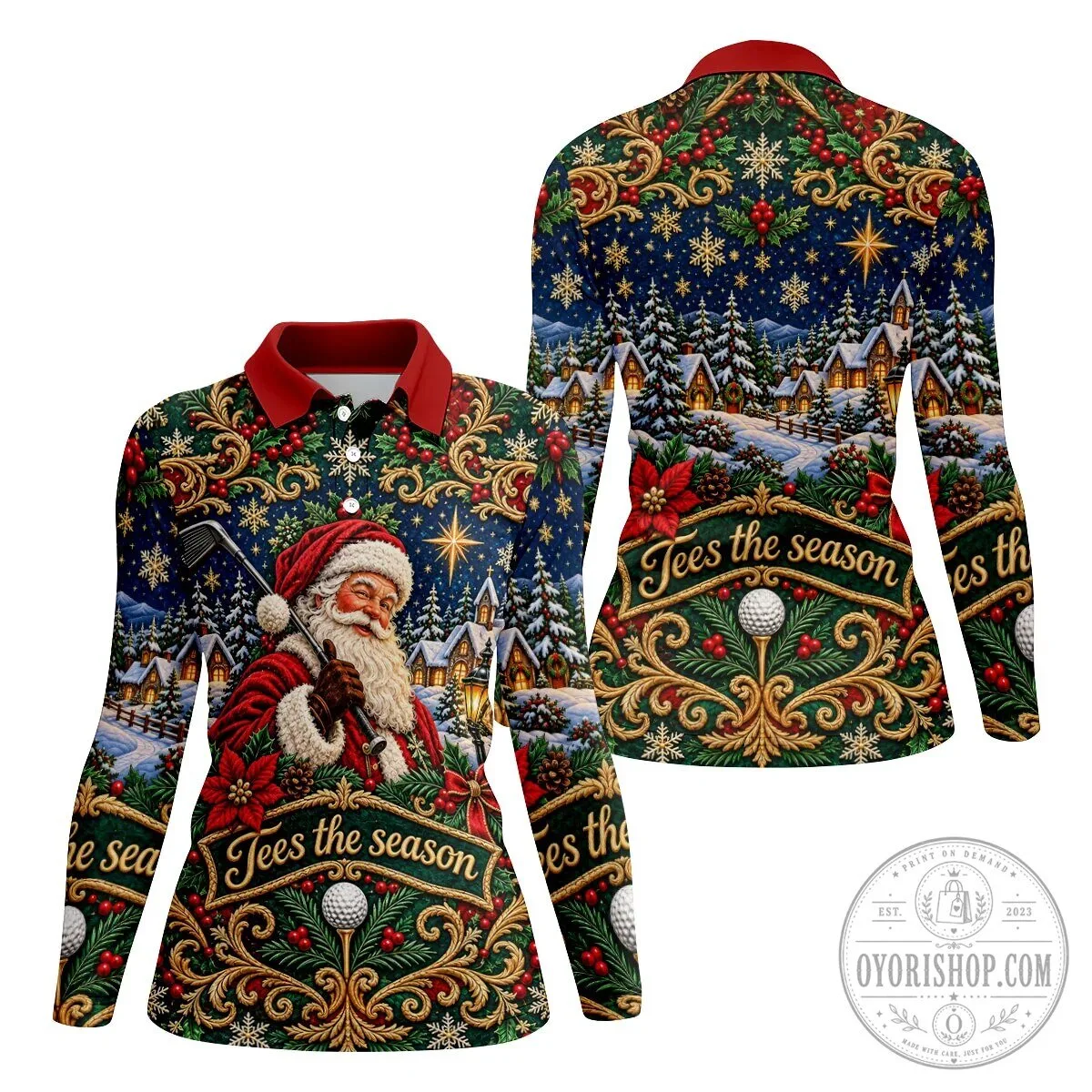 Tees The Season Santa Claus Christmas Golf Polo Shirt for Women 20 Tees The Season Santa Claus Christmas Golf Polo Shirt for Women